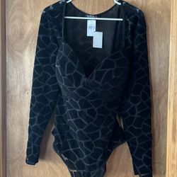 Oppa! black mesh velvet long sleeve bodysuit – new w/ tags