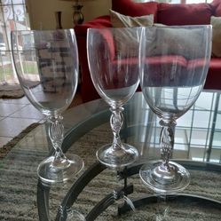 LOOK!! PRETTY Set of 3 Large Crystal Wine Glasses  curved stem 9" tall .NICE!!!