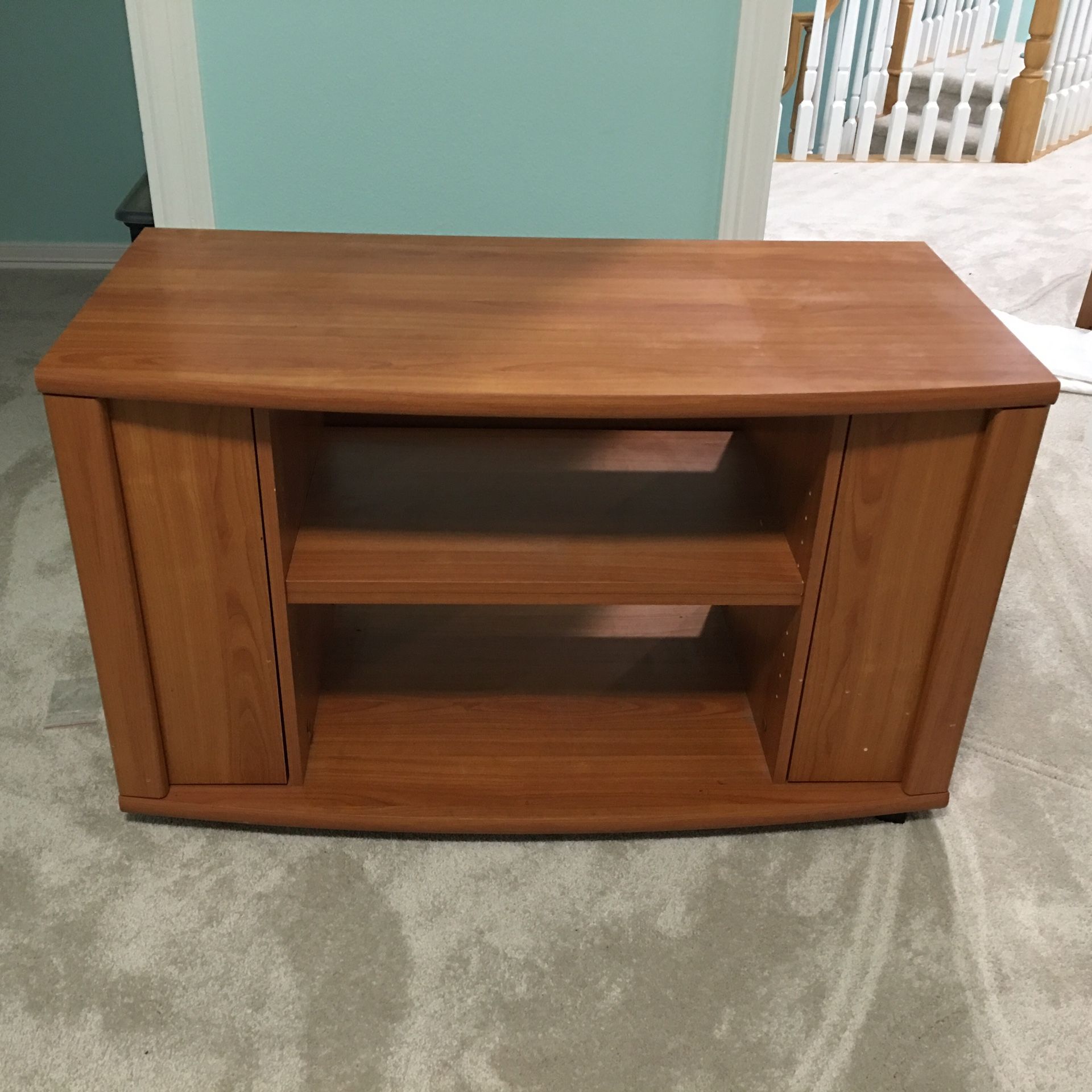 TV stand with shelves and 2 side-cabinets for media storage