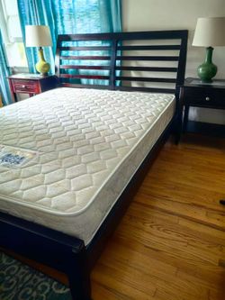 Queen Size Dark Wood Bed Frame + Mattress