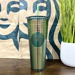 ♻️ Starbucks 2022 RAINFOREST Green Iridescent Grid Cold Cup Tumbler Venti 24oz