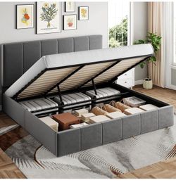 King Size Lift Up Storage Bed Frame, Hydraulic Support, Velvet Upholstered, Gray