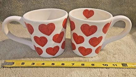Matching Pair of Heart Designed JUMBO 16 oz Ceramic Coffee Mugs by Maxcera