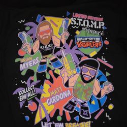 MAJOR WRESTLING FIGURE PODCAST XL T-shirt Matt Cardona Brian Myers Story ➕  adventures in wrestling figure collection MWFP T-shirt,  2 wrestling pins,