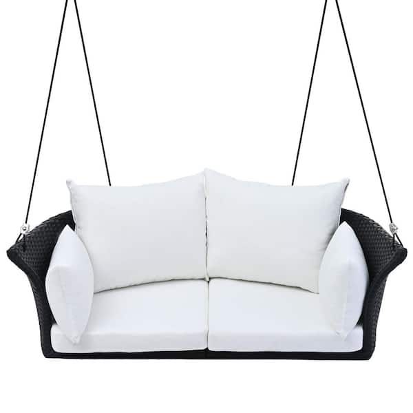 51.9 in. 2-Person Wicker Patio Swing, Rattan Woven Swing Chair, Porch Swing With Ropes, Black Wicker And Cushion