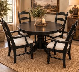 Rustic Round Dining Table with 4 Upholstered Armchairs
