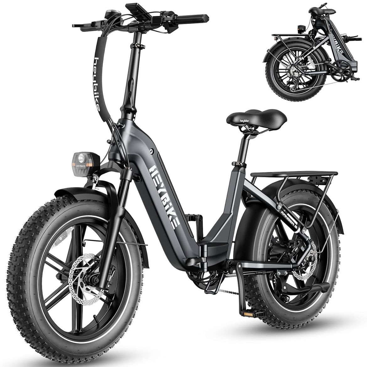 Heybike Ranger S Electric Bike for Adults, Foldable 1400W Peak Motor Ebike, 20" x 4.0" Fat Tire Step-Thru Electric Bicycle, 48V 14.4AH Removable Batte