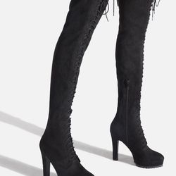 Thigh High Black Laced Heeled Boots