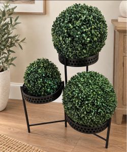 3 -Tier Metal Plant Stand with Triple Ball Artificial Boxwood Topiaries
