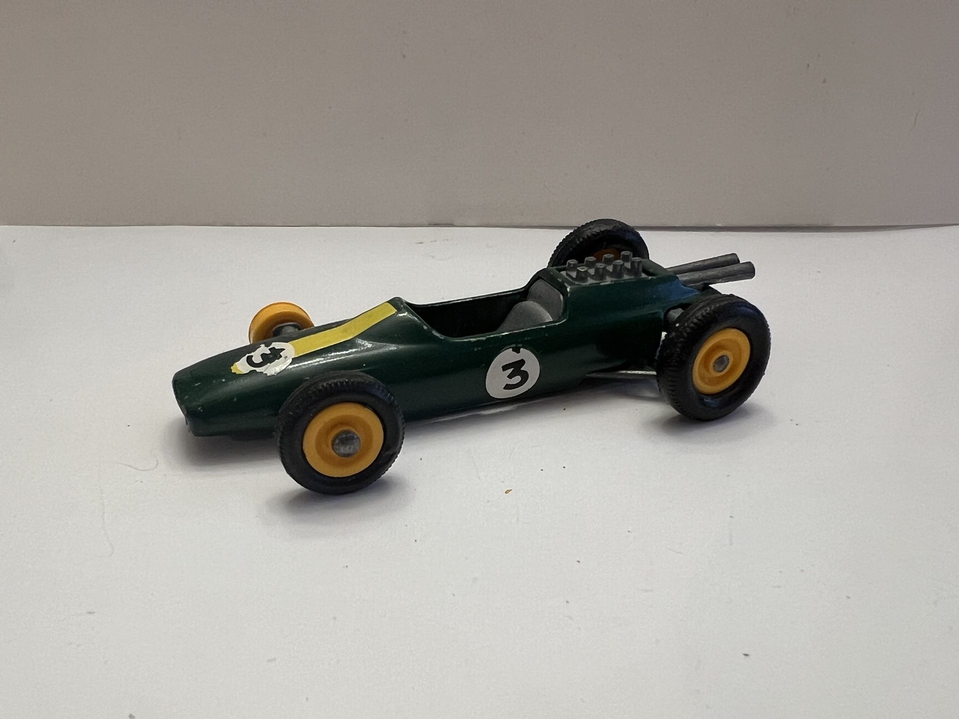 Vintage Car Lesney Matchbox No. 19 Lotus Green Yellow Stripe Racecar #3 Diecast Toy Car 1965