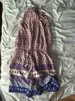 Jumeiyifang vintage Sleeveless Printed Halter Romper in Cream and Purple lightweight size S open back