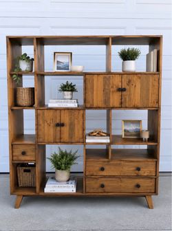 Modern Rustic Room Divider Bookcase Cabinet w/ Storage Drawers