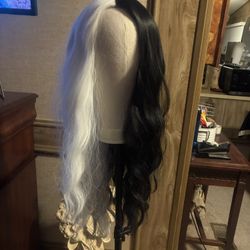 Long BlackWhite Wig 28 Inch Middle Part Synthetic Wig  #111