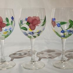 Three Lenox Hand-painted Floral Wine Glasses