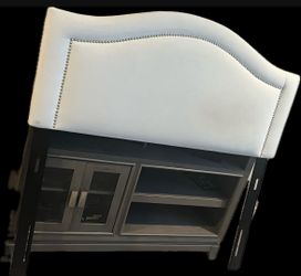 White Upholstered Full-Size Headboard with Silver Nailhead Trim