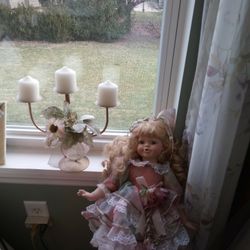 Sweet Window-sill/seat Porcelain Doll & (mini) Candelabra