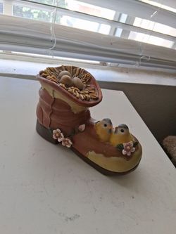 Ceramic Boot Figurine with Birds and Nest