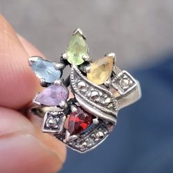 Multi Stone Sterling Silver Ring Size 6 1/2