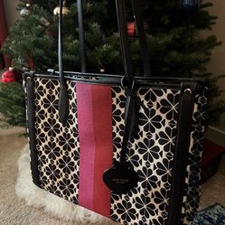 Kate Spade Red Flower Jacquard Stripe Medium Tote