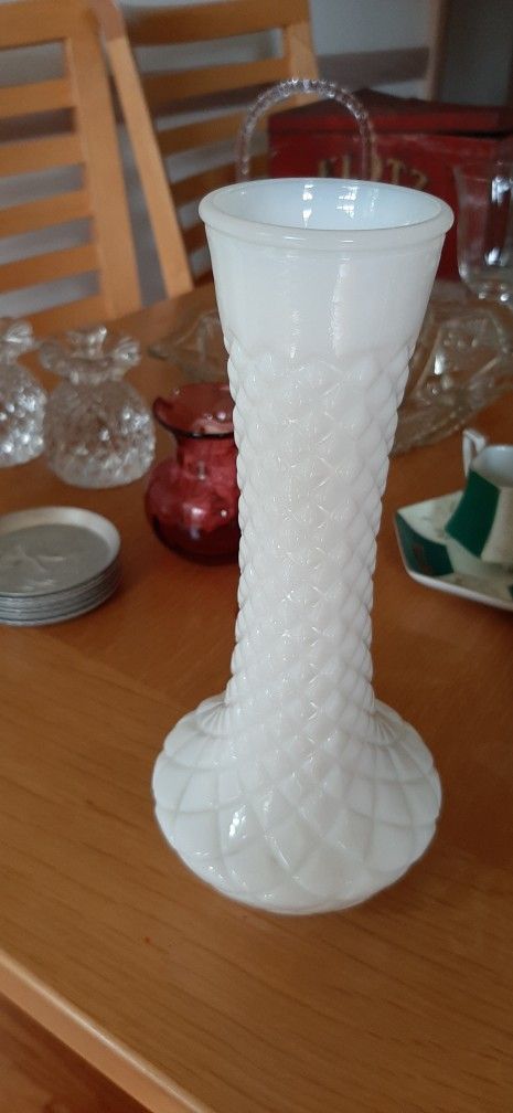 Tall White 9 inch Milk Glass Flower Vase