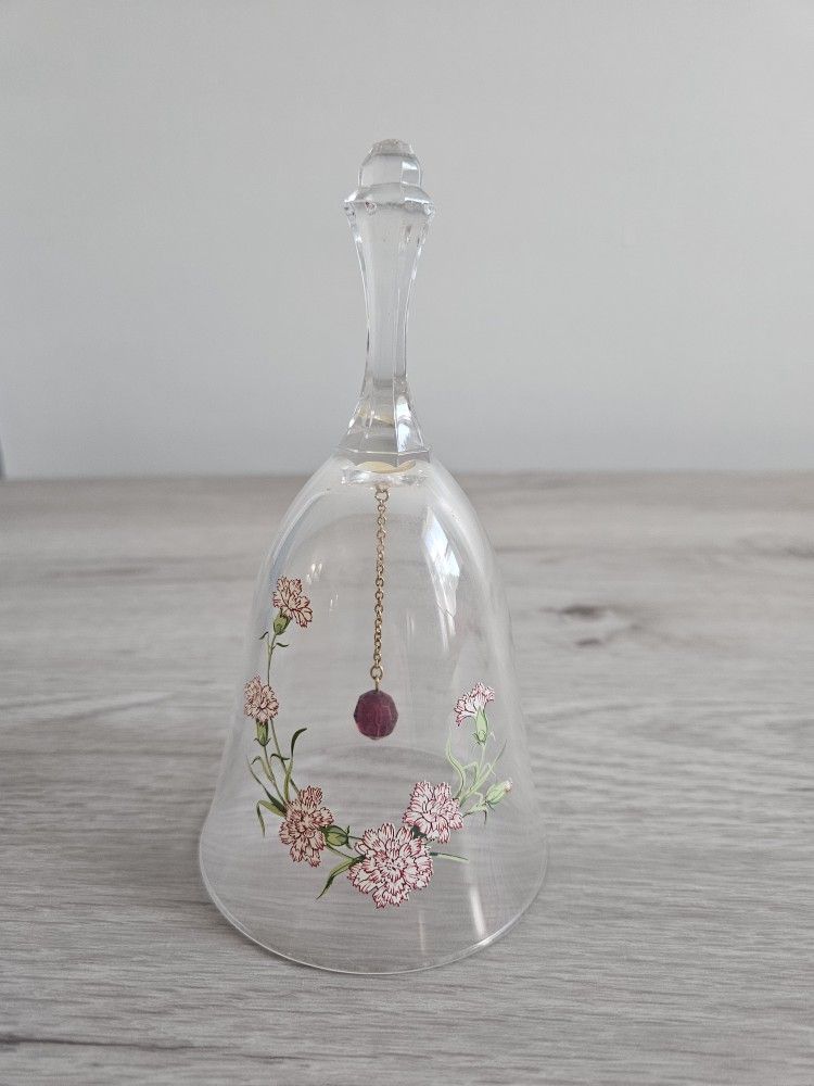 Avon 24% Lead Crystal Glass Bell w/ Red Flowers Approx 6"