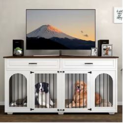 IKISSLIFEEL XL White FarmHouse Dog Crate TV Stand Furniture