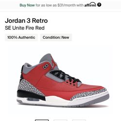Jordan 3 Fire Red Size 11.5