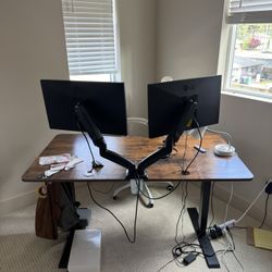 Modern Standing Desk Setup w/ Dual Monitors & White Ergonomic Chair