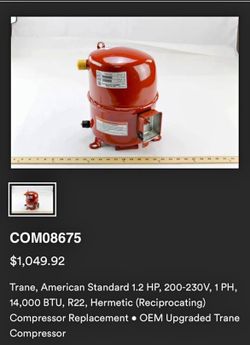 Trane, American Standard 1.2 HP, 200-230V, 1 PH, 14,000 BTU, R22, Hermetic (Reciprocating) Compressor Replacement • OEM Upgraded Trane Compressor 