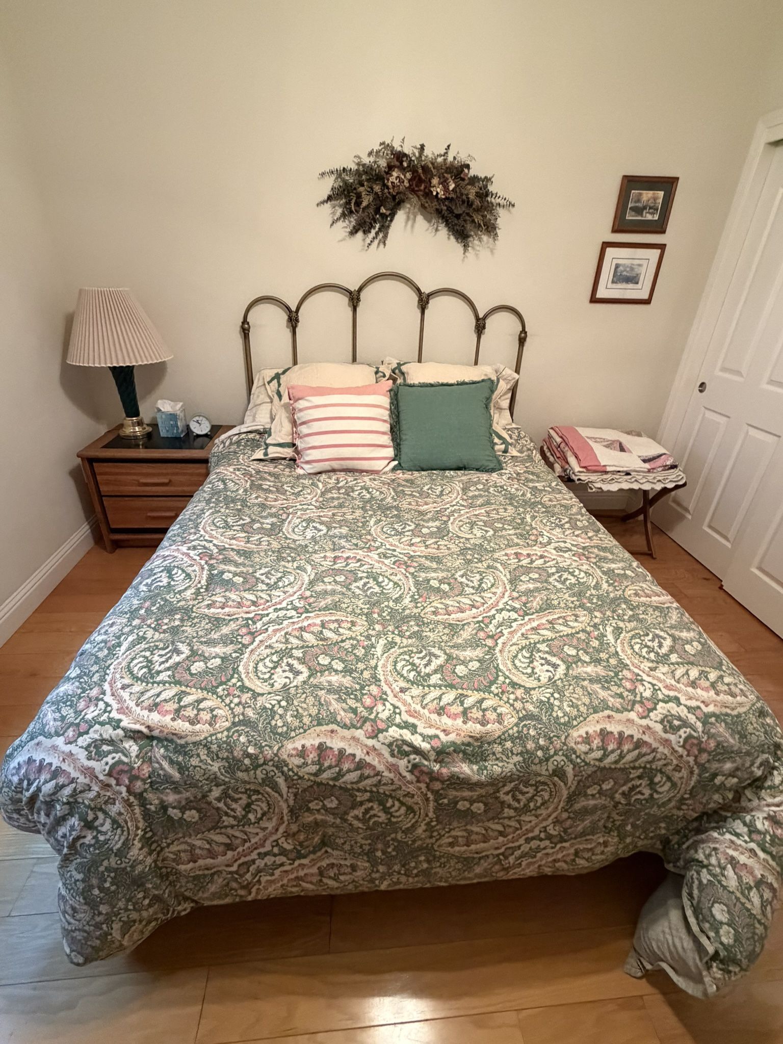 Queen Bed w/ Ralph Lauren Bedding + Brass Headboard + Nightstand and Lamp