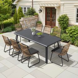 8pcs chair +Rectangular Black Aluminum Outdoor Dining Table with Umbrella Hole