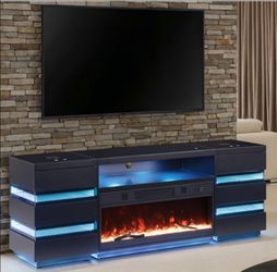 Brand New Black 71'Inch TV Stand w Heating Fireplace + Bluetooth Speakers