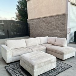 Thomasville Artesia Corduroy Fabric Sectional with Ottoman - Cream - 🚚 FREE DELIVERY AVAILABLE ✅