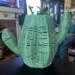 Woven Resin Rattan Saguaro Cactus With Pink Flowers Basket Or Planter