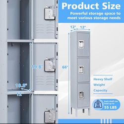 🥨66''HX 12”W X 12“D Metal Storage Locker, 3 Doors Lockable Steel Cabinet Lockers for Employees/School/Gym/Home/Office/Industrial Lockers, Gray