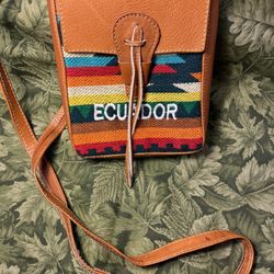 2448-HMT Equador Colorful Woven Wool & Brown Leather Crossbody Bag Preowned