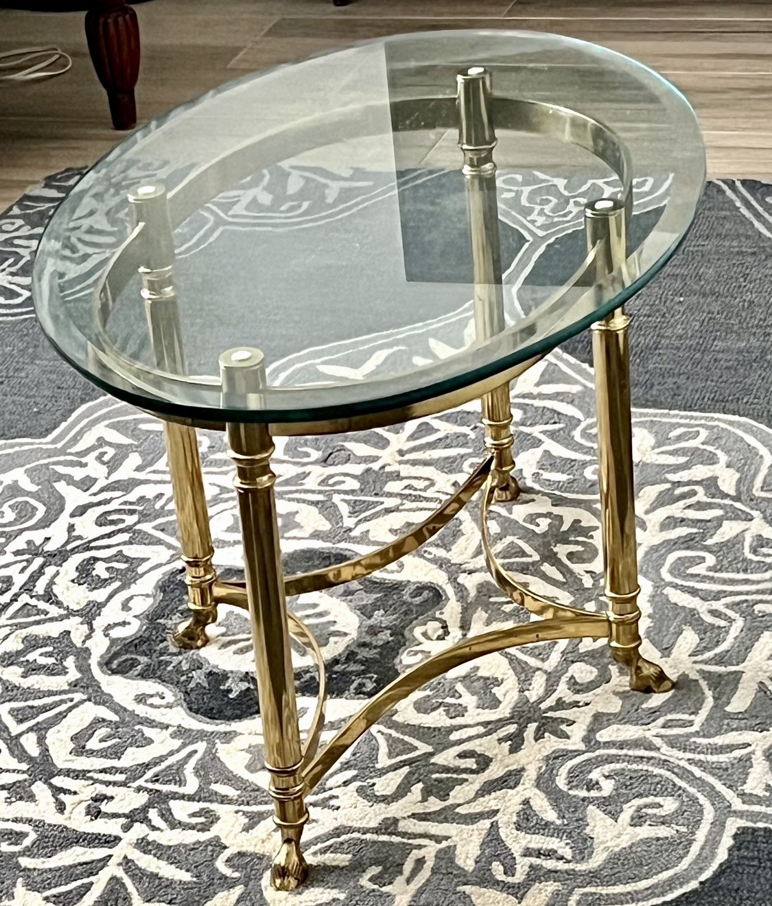 Oval Vintage Labarge Hollywood Regency Brass Glass Hooved Feet Cocktail Coffee Table