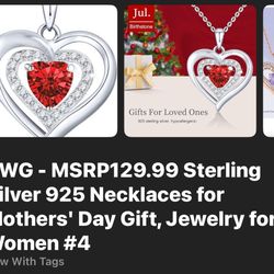 Sterling Silver 925 Heart Pendant Necklace w/ Red Gemstone