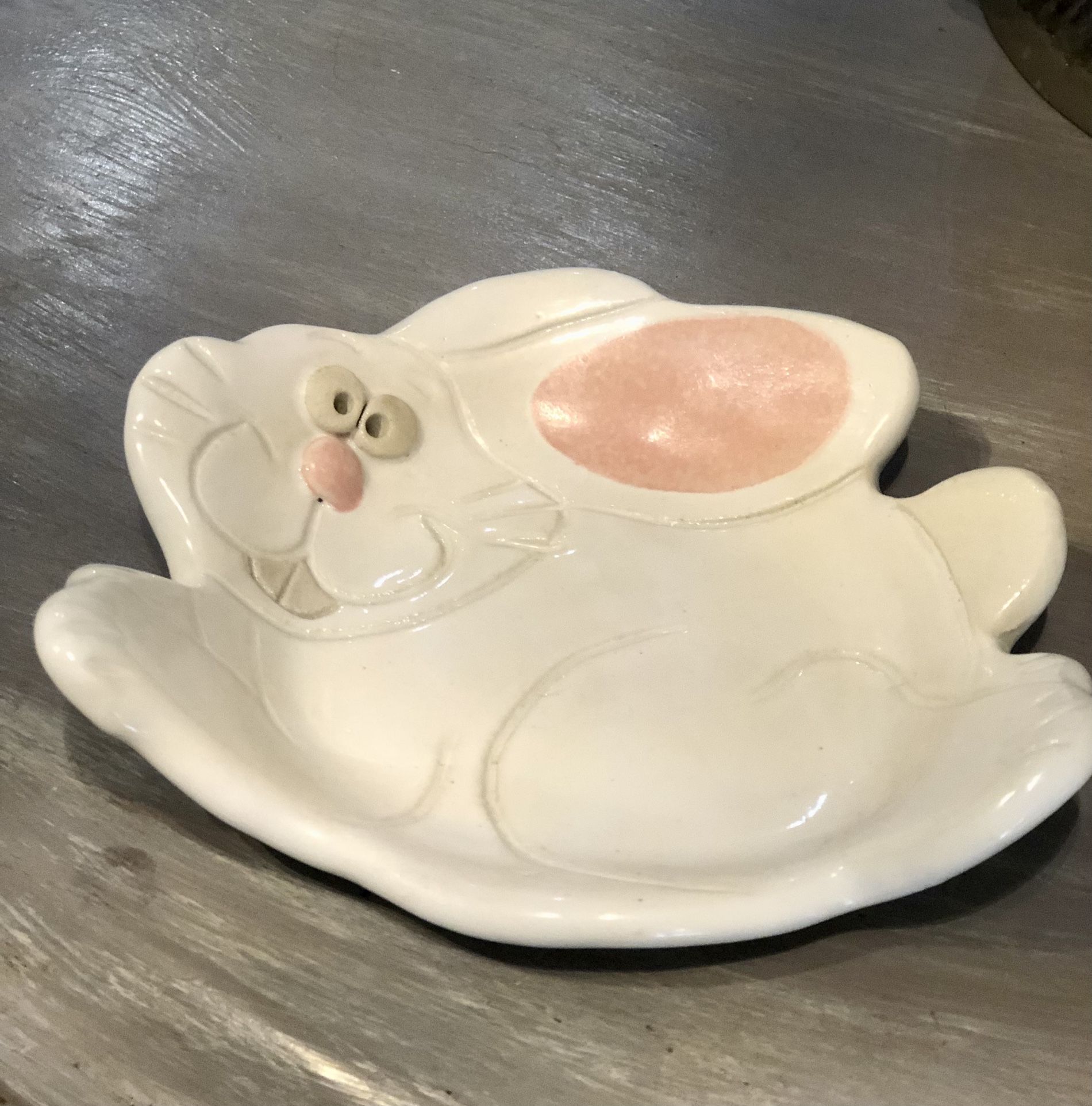 Art Pottery Signed Whimsical Bunny Dish