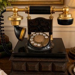 Vintage Brass Rotary Telephone Retro Victorian Style Desk Phone Wester Electric Box Wood Collectible 
