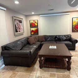 bernhardt Leather 5 Piece Sectional With Solid Wood Coffe Table 