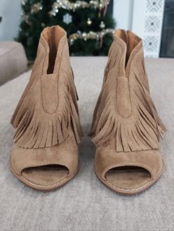 Womens Dolce Vita Wine Country Nude Vegan Suede Fringe High Heel Sandals Sz 10