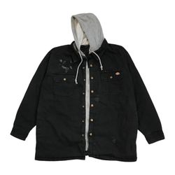DICKIES QUILT JACKET HOODIE LARGE L MENS BLACK CANVAS DUCK SNAP FULL ZIP VINTAGE