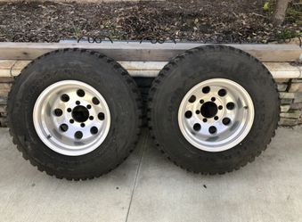 Pair Of Goodyear Mud Terrain 31x10.50x15 Tires On 15x10 Inch Prime Aluminum Truck Wheels For Toyota Or Chevy