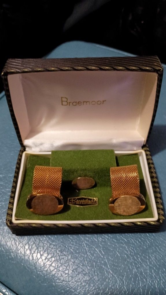 Vintage Metal Mesh Cufflink Tie Tack Gold Tone Braemoor Boxed Set