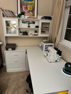 White L-Shaped standing Desk with Bookshelf and Drawers