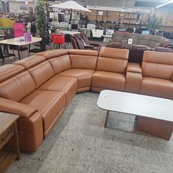 Power Reclining Sectional Sofa with Console，5 Seats Leather Sectional Couch Living Room Set L Shaped Couch with Cup Holders/USB Charging/Manual Adjust