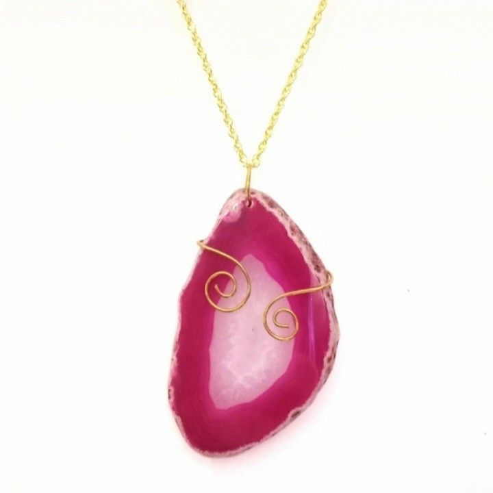 Pink agate wire wrapped pendant on gold necklace NEW