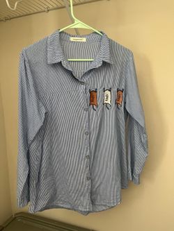 Waypointls Oversized Blue Pinstripe Shirt with Cute Cat Embroidery, Size: S/XS