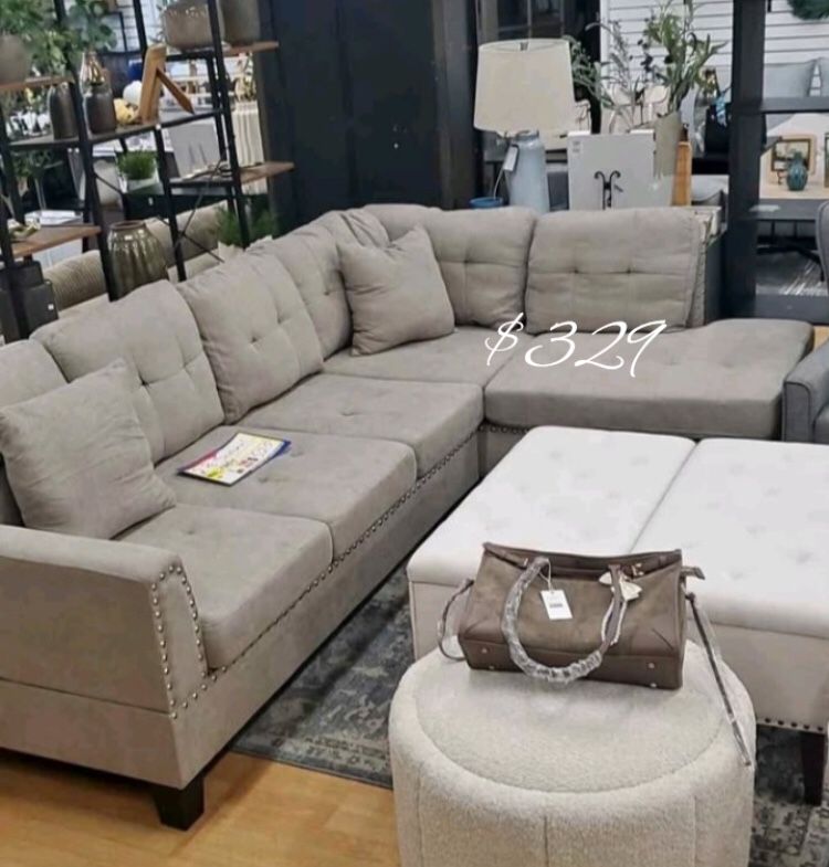 Small Sectional Sofa Mushroom Color Tweed- Like Velvet Material Brand New